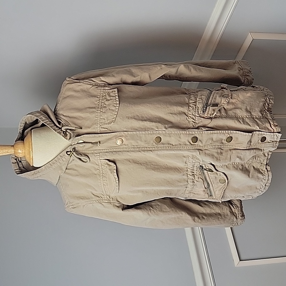 ORVIS Tan Field Military Attached Hood‎ Preppy Casual Snap Closure Boho Jacket M